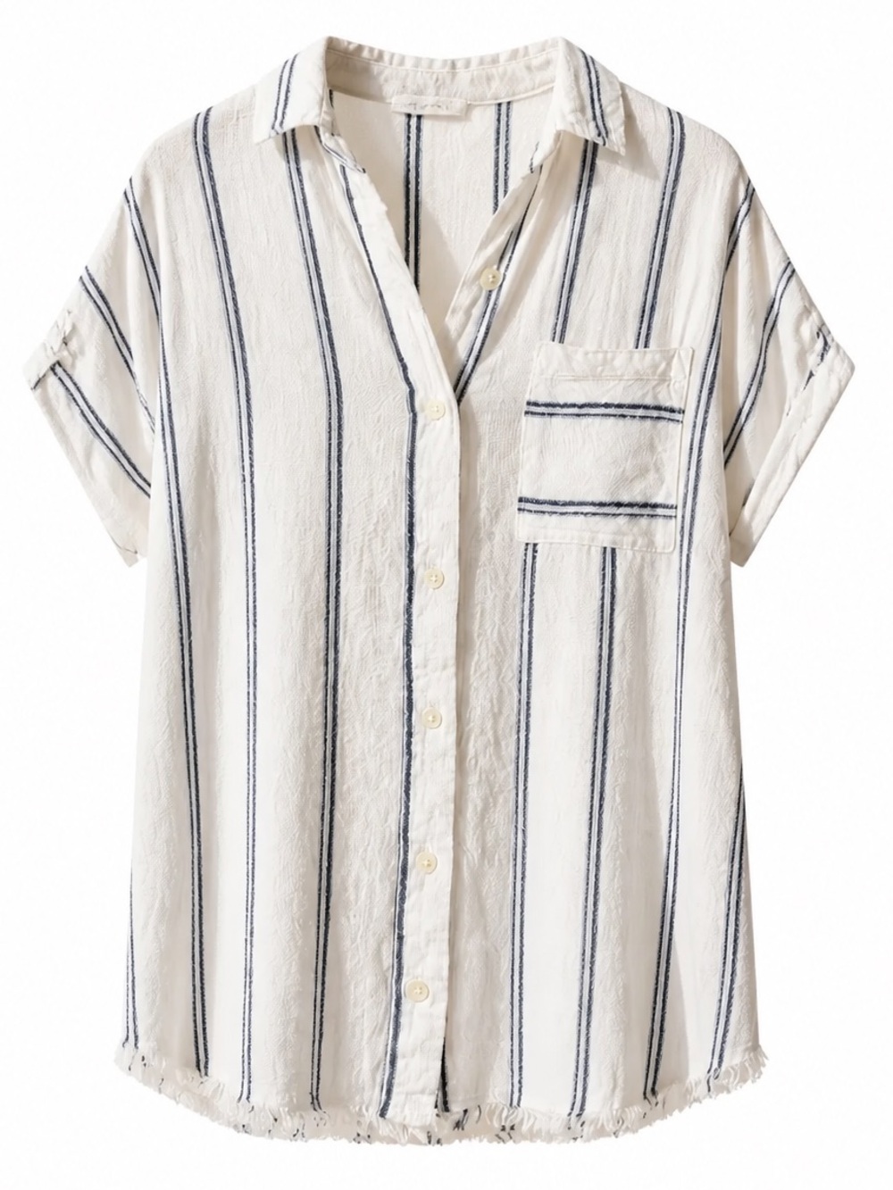 Thread & Supply - Classic White Shirt with Navy Vertical Stripes w/ Fray Hem